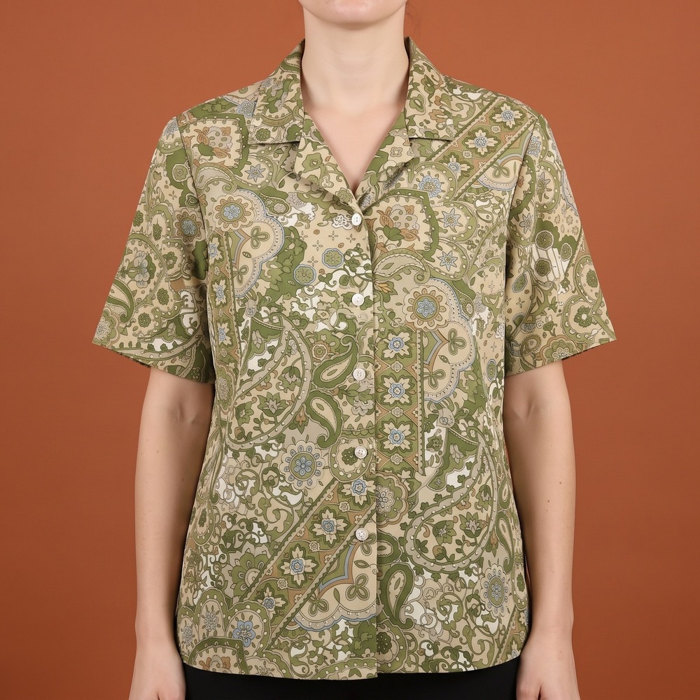 BonWorth Top Womens M Short Sleeve Green Paisley Floral Button Down EUC